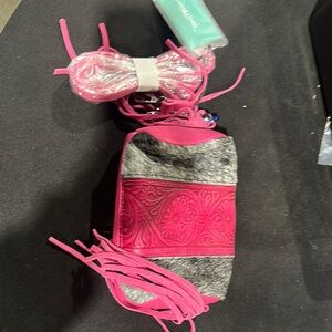 Pink and Gray Crossbody Bag with Fringe Details